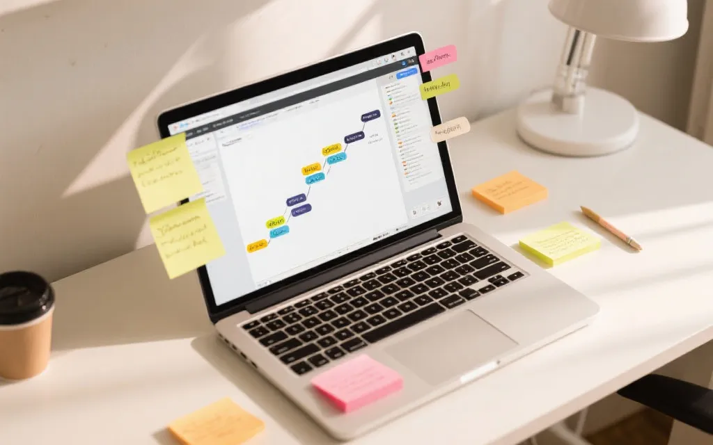 桌面俯拍：笔记本电脑上是比赛时间轴与标签系统，旁边有手写笔记与便利贴，干净的编辑台